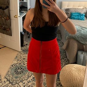 Red Corduroy Front-Zip Skirt